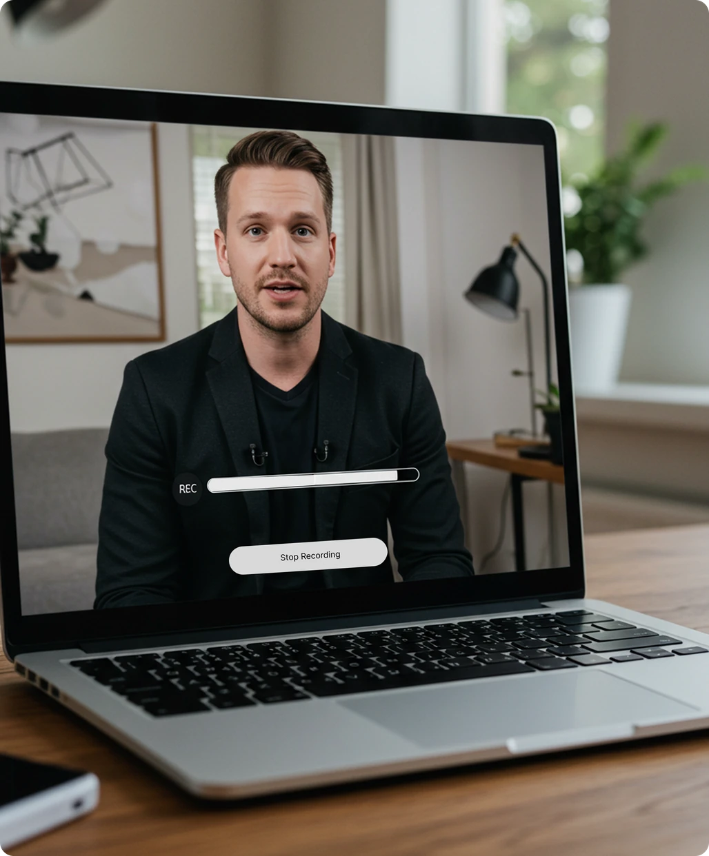 A professional recording a video interview on a laptop